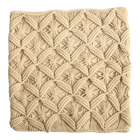 Nearly Natural 18" Square Beige Solid Print Macrame Decorative Pillow Cover