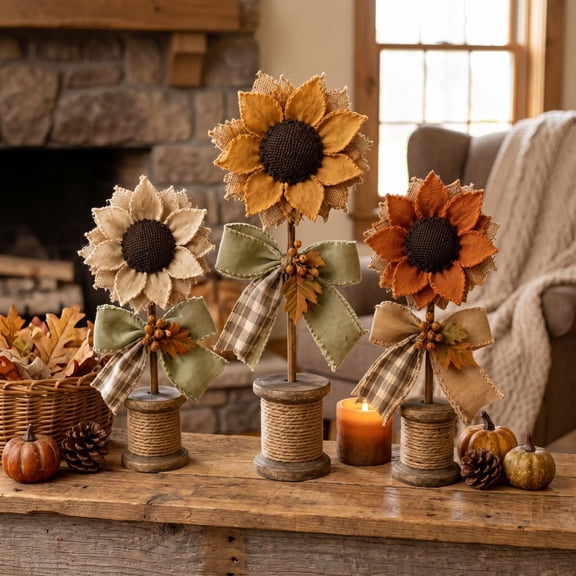 Rustic Fabric Sunflower Tabletop Decors, Farmhouse Fall Floral Standing Ornaments, Vintage Sunflower Centerpieces, for Mantel, Entryway, Bookshelf, Table Decor, 3pc