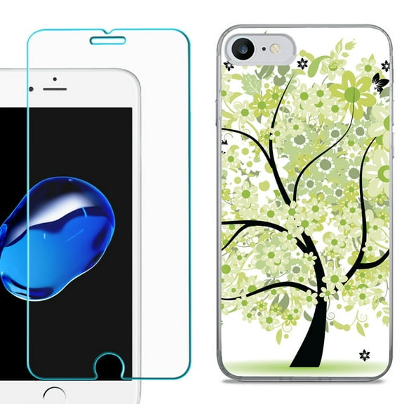 For Apple iPhone 7 / iPhone 8 Case, Slim-Fit TPU Phone Case, with Tempered Glass Screen Protector, by OneToughShield ® - Green Tree