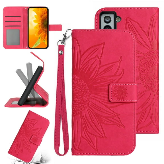 Feishell Slim Wallet Case for Samsung Galaxy S22 Plus 5G,for Men Women,Sunflower Embossed Pattern PU Leather Flip Cover Magnetic Closure Folio Card Slots Kickstand Phone Case with Hand Strap,Rose