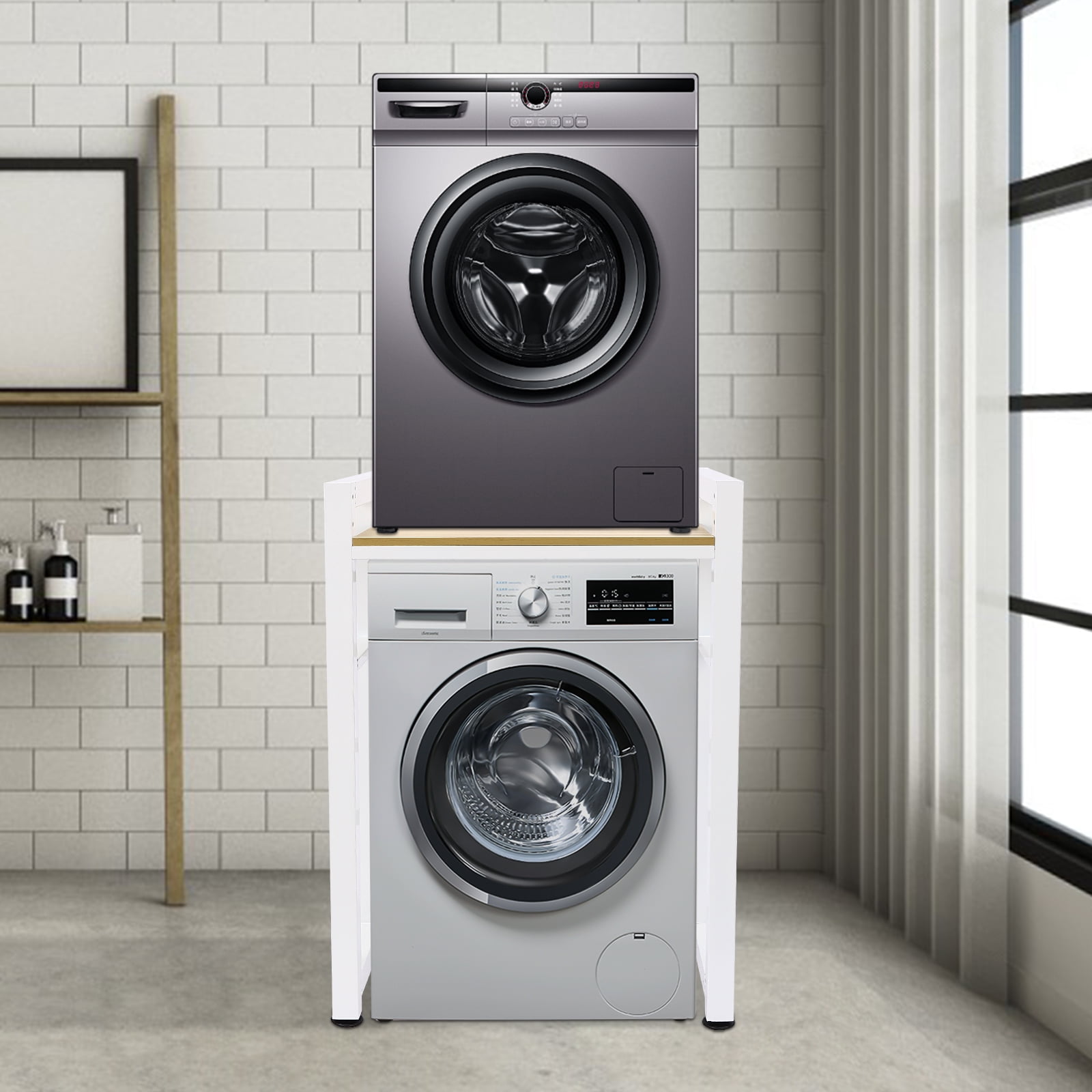 Modern Bathroom Washer Dryer Stacking Rack Stand with Adjustable Height and Guardrail, Durable Steel Frame, Elegant White Finish