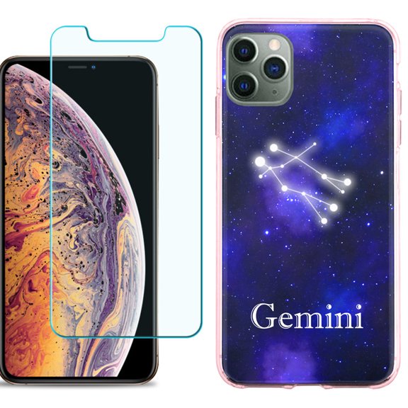 For Apple iPhone 11 Pro Max Case , Slim-Fit TPU Protective Phone Case (Pink Bezel) with Tempered Glass Screen Protector, by OneToughShield ® - Zodiac / Gemini