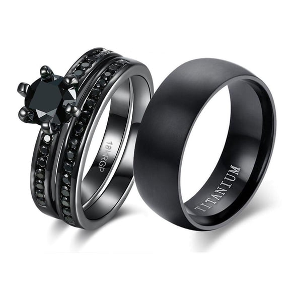 loversring Couple Ring Bridal Sets His Hers Women 18k Black Gold Plated Cz Men Titanium Wedding Ring Band Set women's size 8 & men's size 11