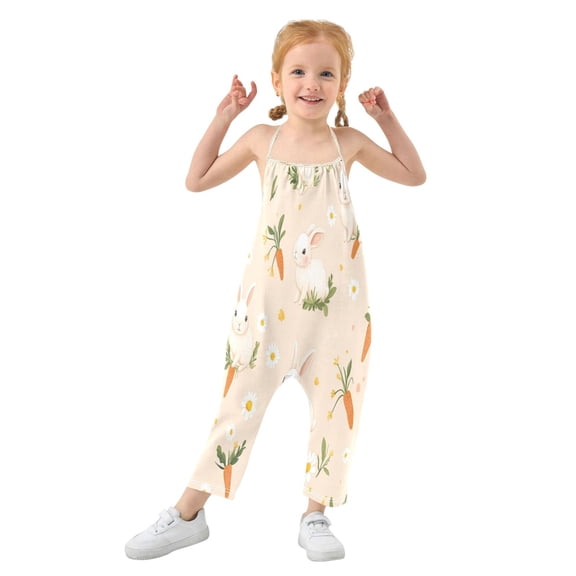 Girls' Jumpsuits Rompers Summer Casual Sleeveless Rompers With Pockets Spaghetti Strap Romper Small Rabbits and Carrots 1T