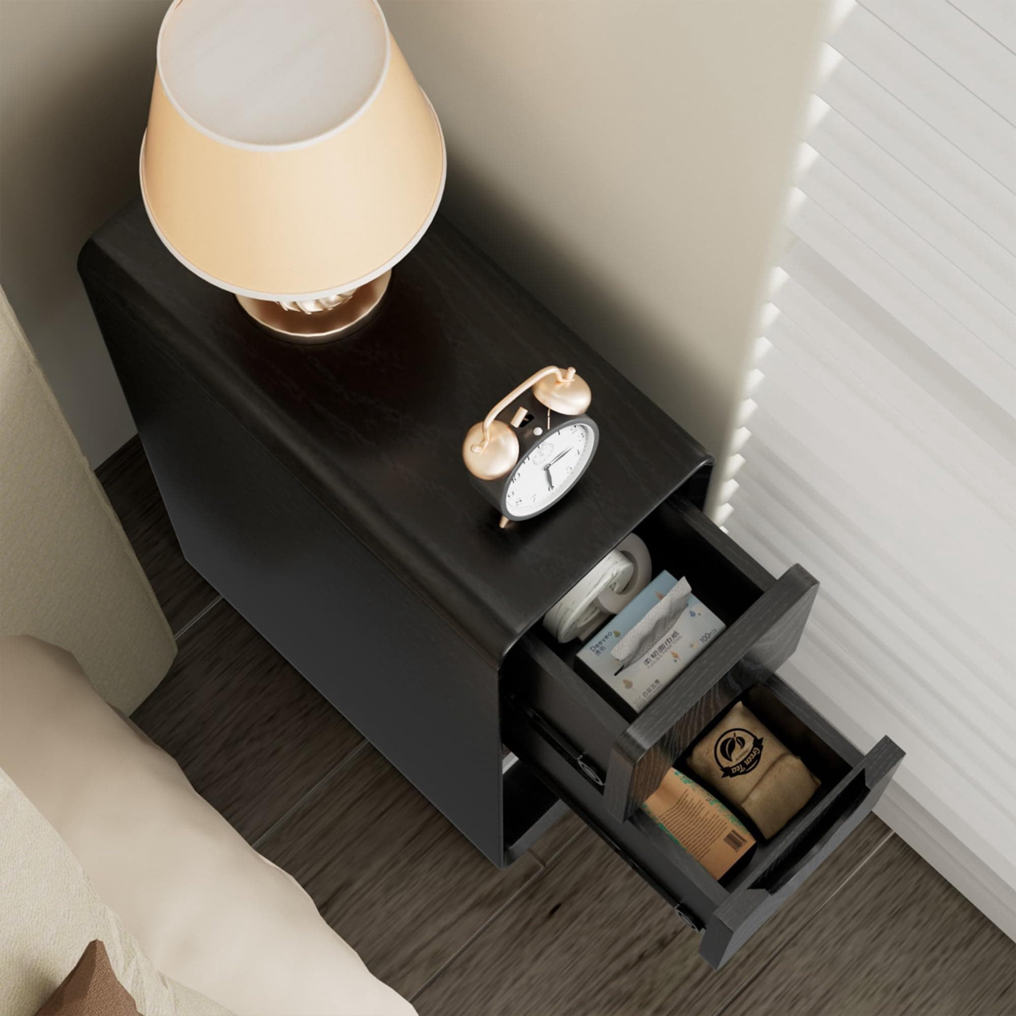 Narrow Nightstand Set of 2, Mid Century Walnut Wood Slim Bedside Table with Round Drawer, Black