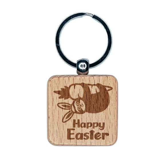 Happy Easter Sloth Hanging from Carrot Square Keychain Charm Tag - Engraved Wood