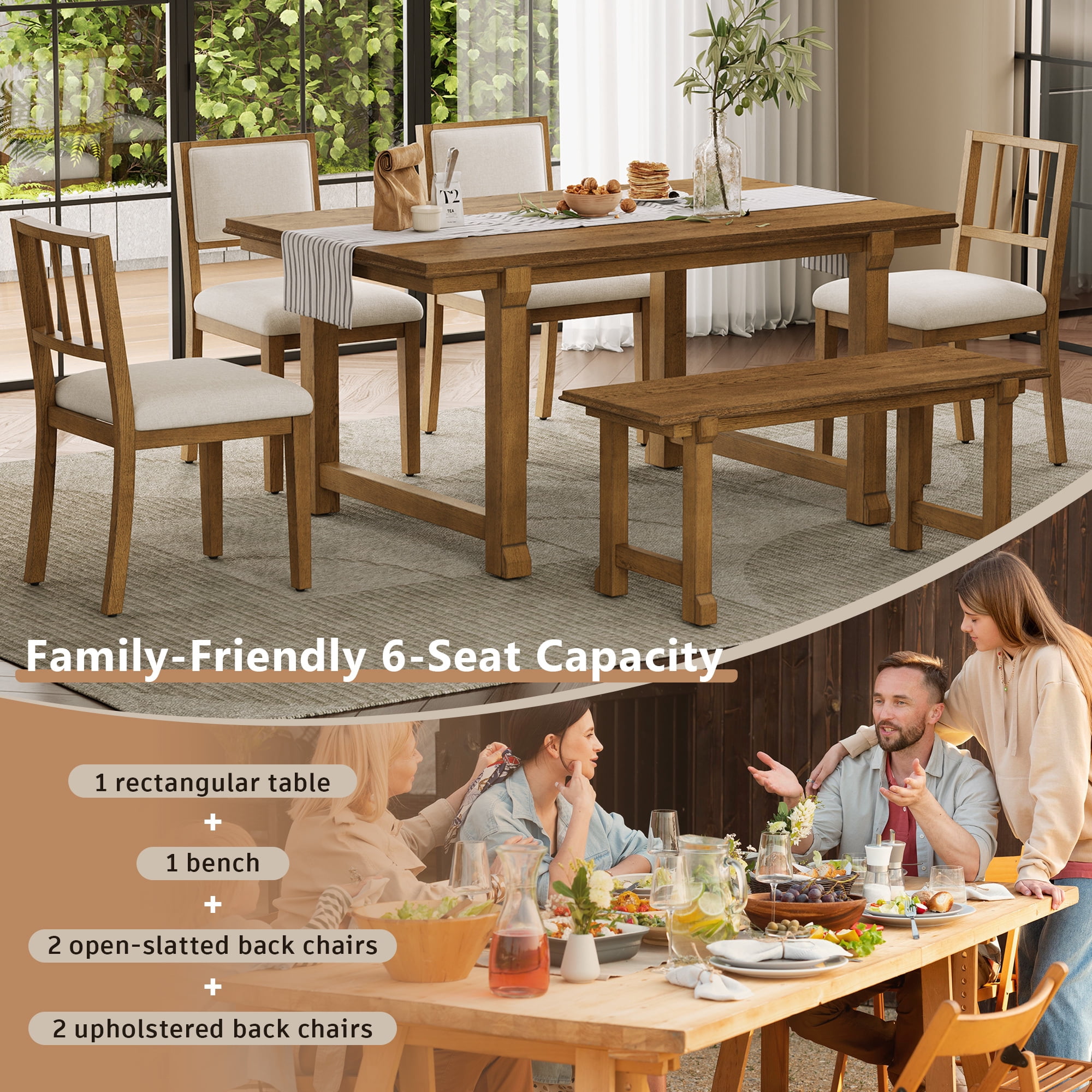 Euroco 6-Piece Farmhouse Dining Table Set for 6, 59.8" Space Saving Kitchen Table & Chairs Set with Wood Frame,Ideal for Kitchen & Dining Room, Restaurant,Walnut