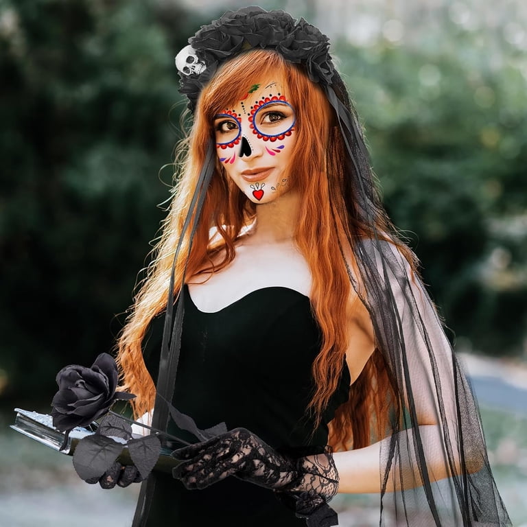 Halloween Day of The Dead Costume for Women, Rose Skull Crown Headband, Sugar Skull Face Tattoos, Lace Gloves and Black Roses for Halloween Day of The
