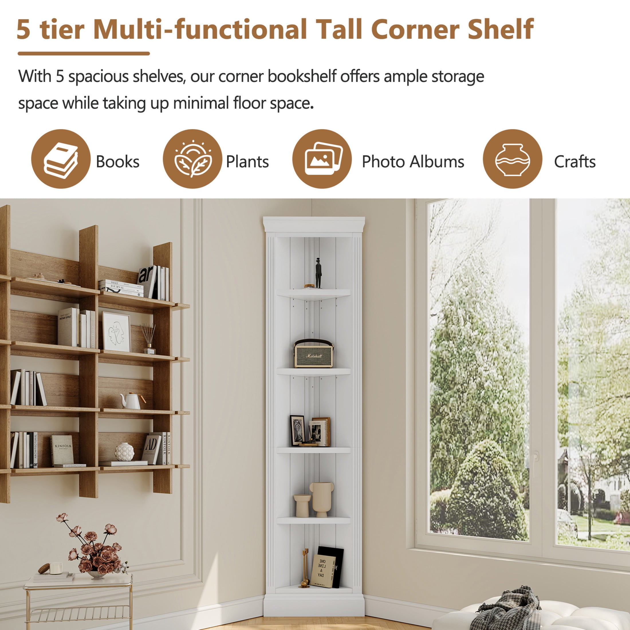 GDF Studio Kassi 83.4" 5-Tier Modern Corner Shelf & Bookcase with Adjustable Shelves, Open Plant Display Stand, White