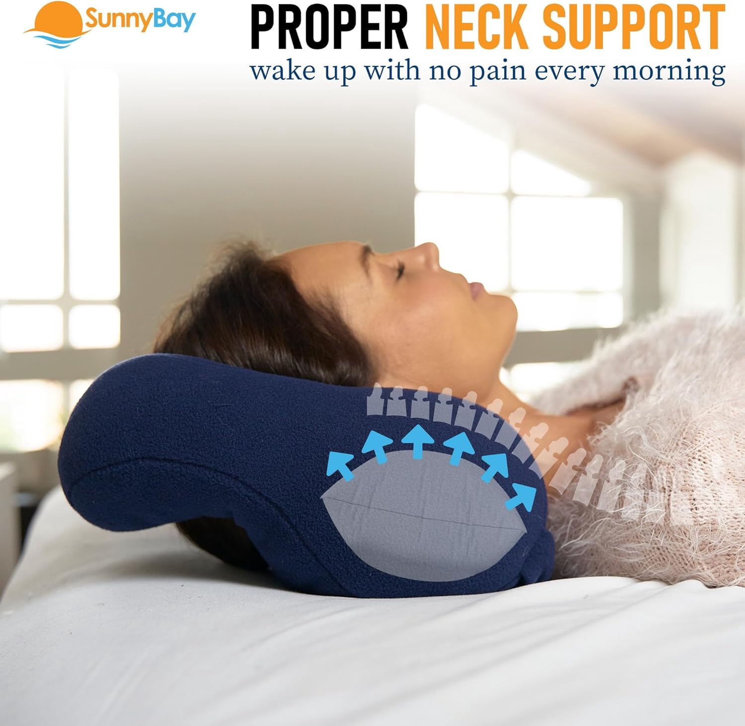 SunnyBay Ergonomic Travel Neck Pillow, Cervical Neck Support, Navy Blue, Medium