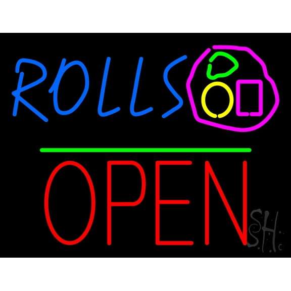 Rolls Block Open Green Line LED Neon Sign 15 x 19 - inches, Clear Edge Cut Acrylic Backing, with Dimmer - Bright and Premium built indoor LED Neon Sign for restaurant window and interior decor.