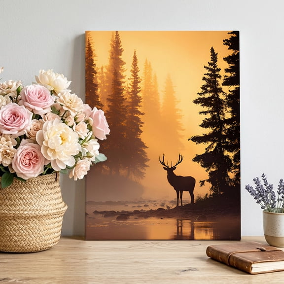 Canvas Wall Art Deer Silhouette Canvas Art Print Fall Black Pine Tree Forest Orange Sunrise River Wall Decor for Living Room Bedroom Artwork Decorations Stretched Framed Ready to Hang 20"x30"