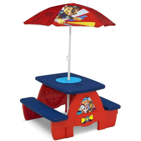 4-Seat Paw Patrol Kids Picnic Table with Umbrella and Lego Compatible Tabletop, Red