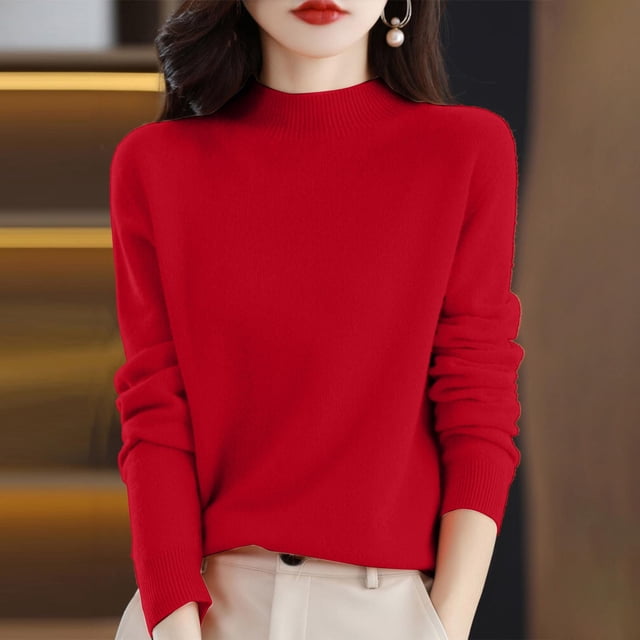 Mock Neck Sweater Knitted Pullover Sweaters for Women Basic Sweater Tops Pullover Sweater Soft Touch Funnel Classic Turtleneck Sweater Collared Ribbed Knit Loose Pullover Red XL