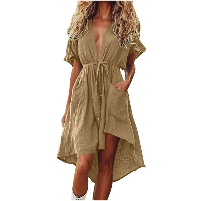 Liquidation d'Été 2025! Robe d'Été en Solde pour Femmes, Robes Courtes d'Été pour Femmes Manches Courtes Bloc de Couleur Ample Tendance Imitation Coton et Lin Mini Robe avec Bouton Poche