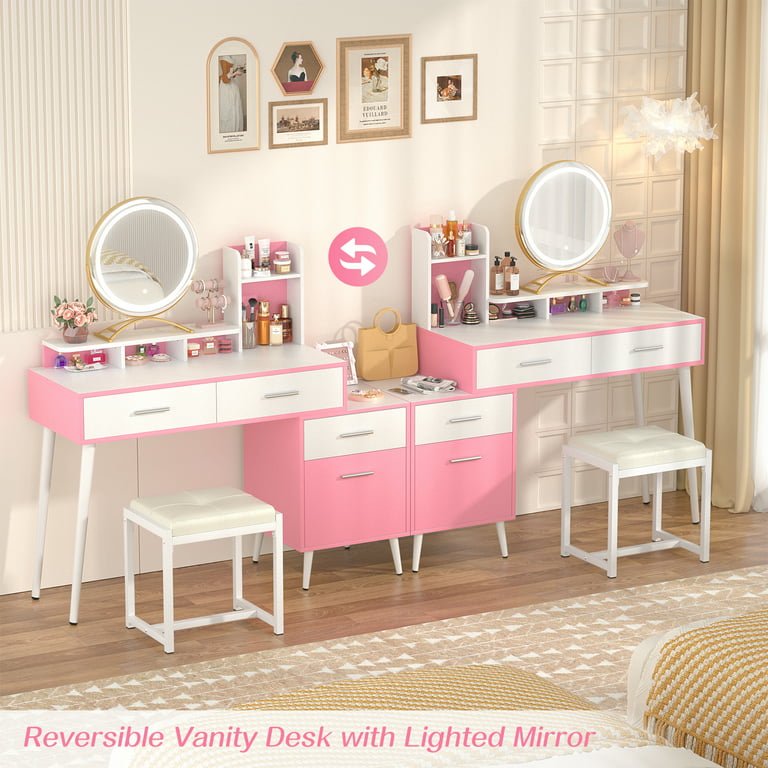 Homieasy Makeup Vanity, Vanity Desk with Mirror and Lights, Vanity Table with Drawers, Makeup Desk with Lights in 3 Color options Adjustable