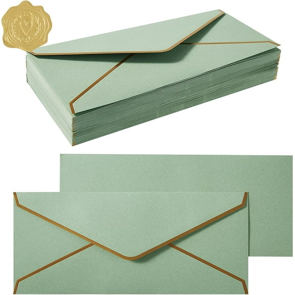 40 Pack Business Envelopes with Gold Border, 4.13*9.5 inch Sage-Green Self Seal Standard Envelopes with Gold Stickers for Office, Checks, Letter Mailing, Invoices