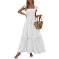 thumbnail image 2 of SMihono Women's Smocked Summer Maxi Dresses 2025 Ruffle Cap Sleeve Square Neck Lace Detail Flowy Sundress with Pockets White M, 2 of 9