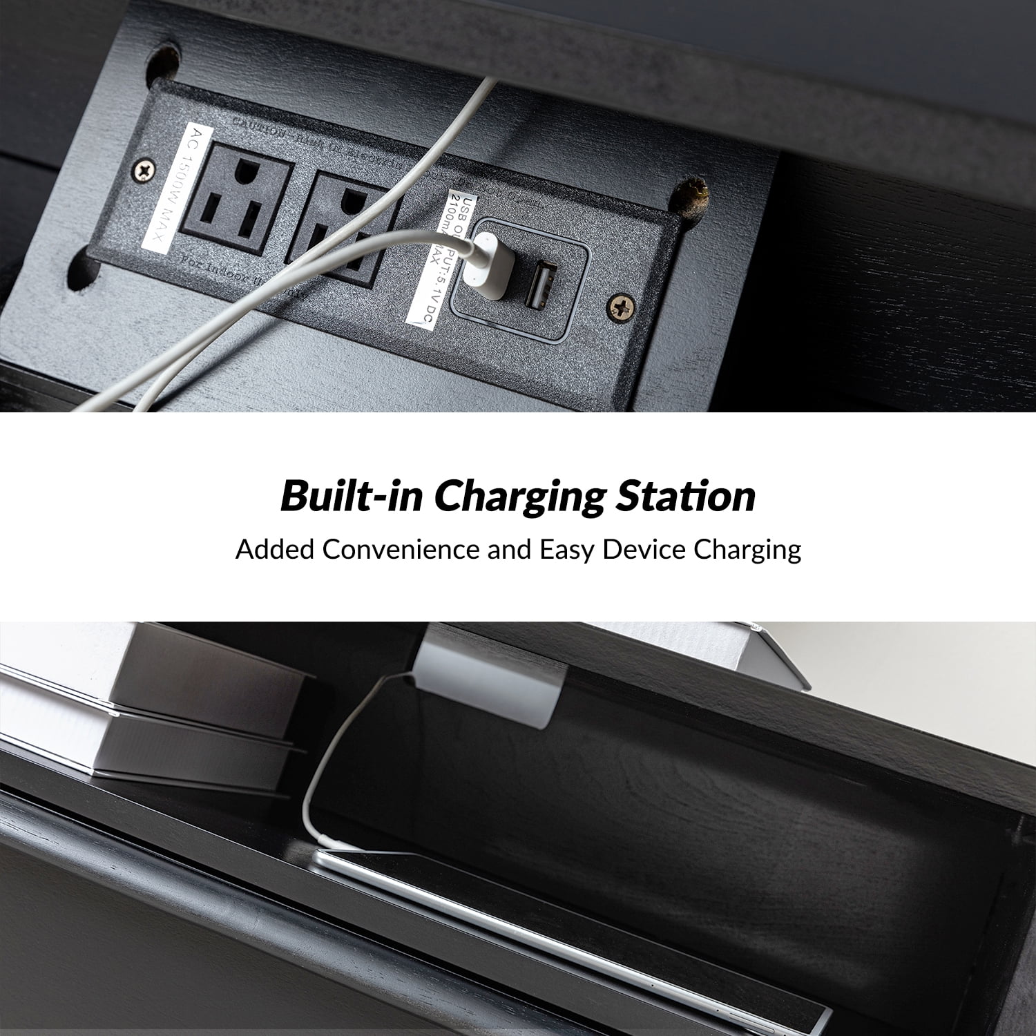 26" Tall 2-drawer Black End Table Set of 2 with Charging Station Table for Living Room