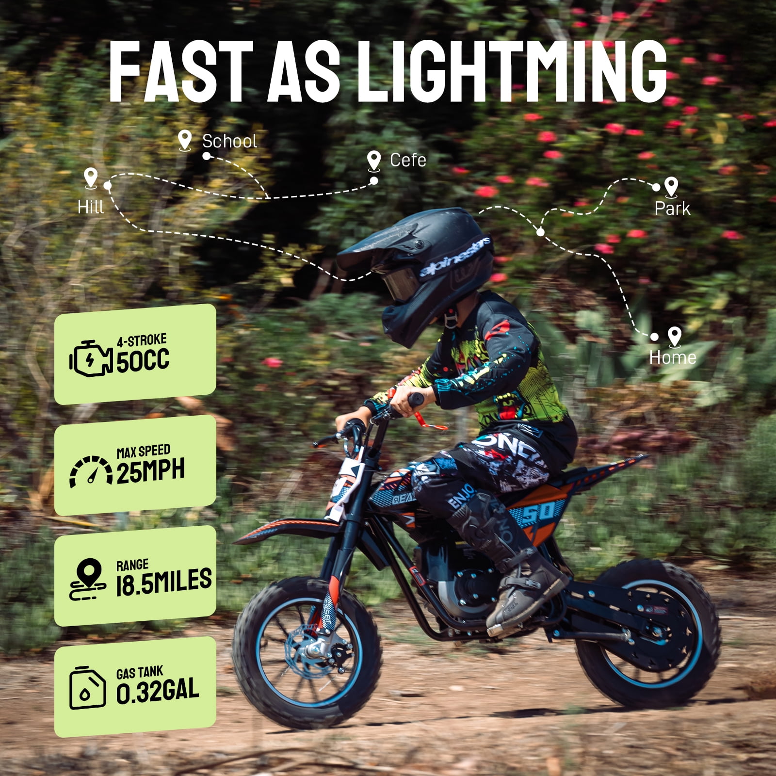 Gas Dirt Bike,50cc 4-Stroke Gas Powered Mini Bike for Adults & Teens,with Disc Brakes&Suspensions,Up to 25 Mph
