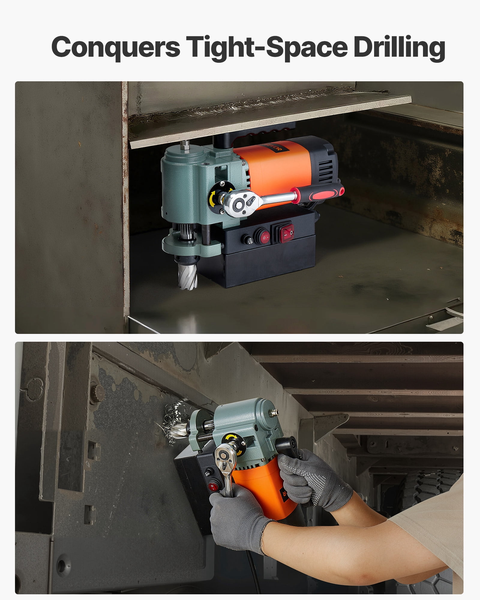VEVOR Low Profile Magnetic Drill Press, 1300 W, 1.4 in Boring Diameter, 2248 lbf Power Portable Mag Drill Press, 650RPM Speed, with Weldon Shank, for Metal Surface, Industrial and Home Improvement