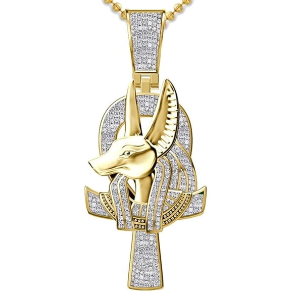 Real 925 Sterling Silver 14K Yellow Gold Plated Round Cut White Diamond Anubis Cross 2.5 Inches With Bail Pendant Jewelry Gifts