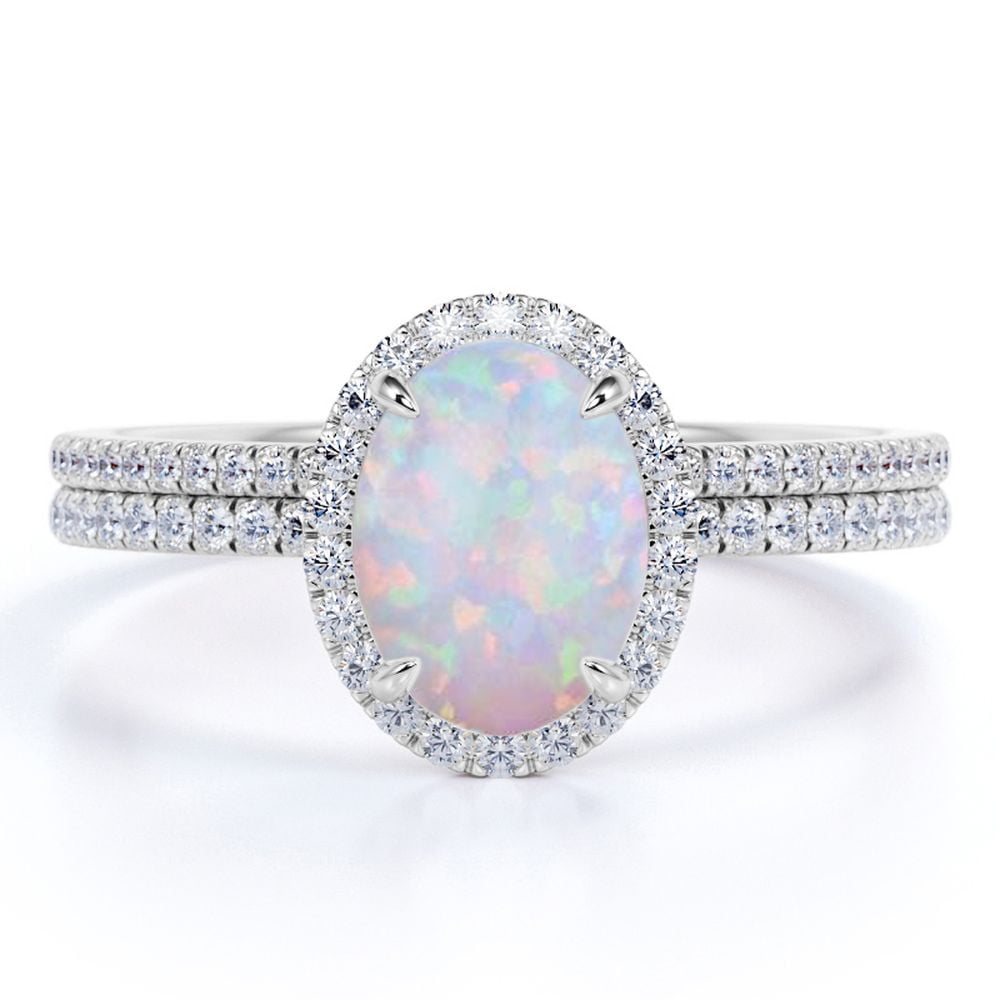 JeenMata 1.75 ct Halo Oval Cut Opal and Moissanite Antique Wedding Ring Set in 18K White Gold over Silver