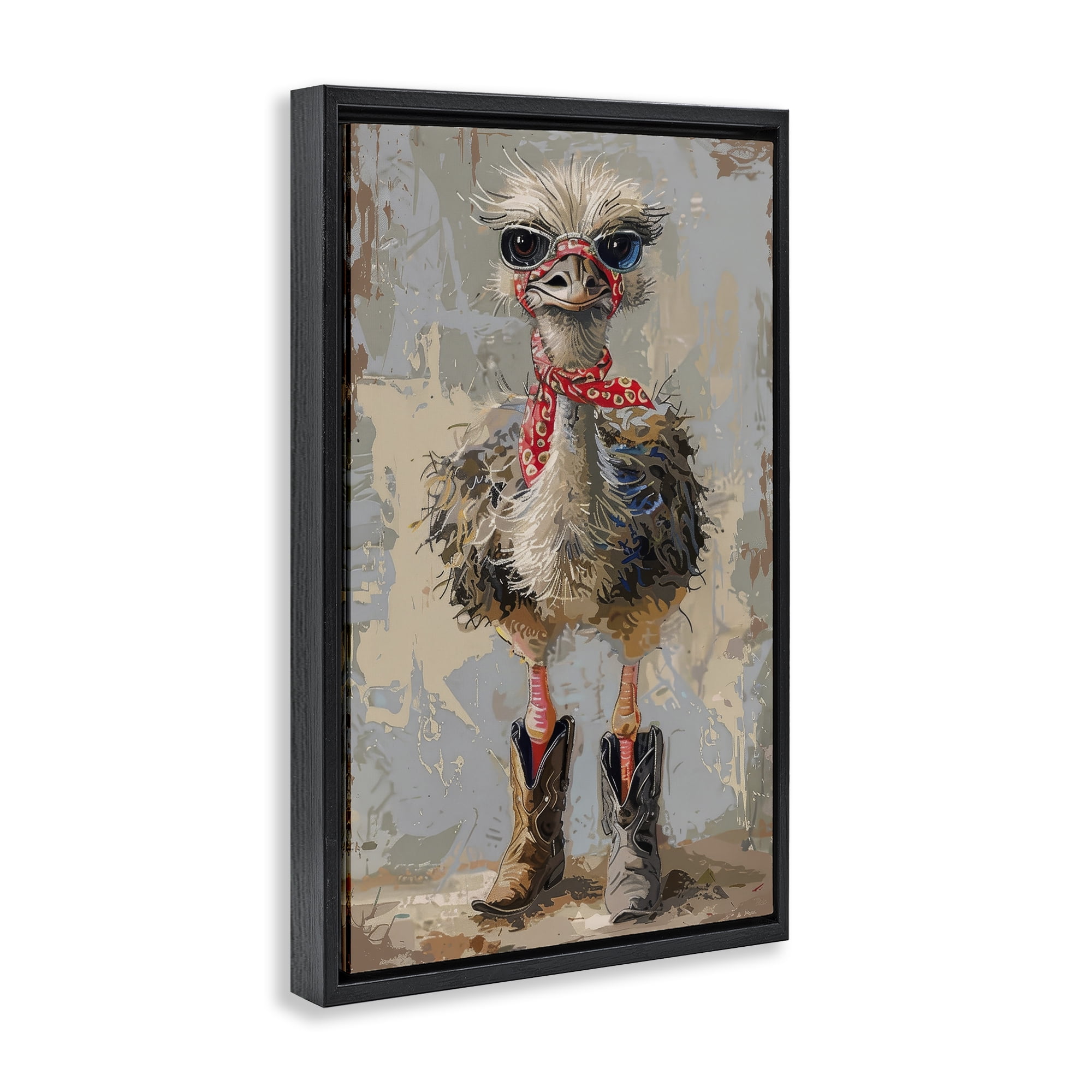 Stupell Industries Ostrich & Cowboy Boots Novelty Painting Black Floater Framed Canvas Art Print Wall Art, 17 x 25