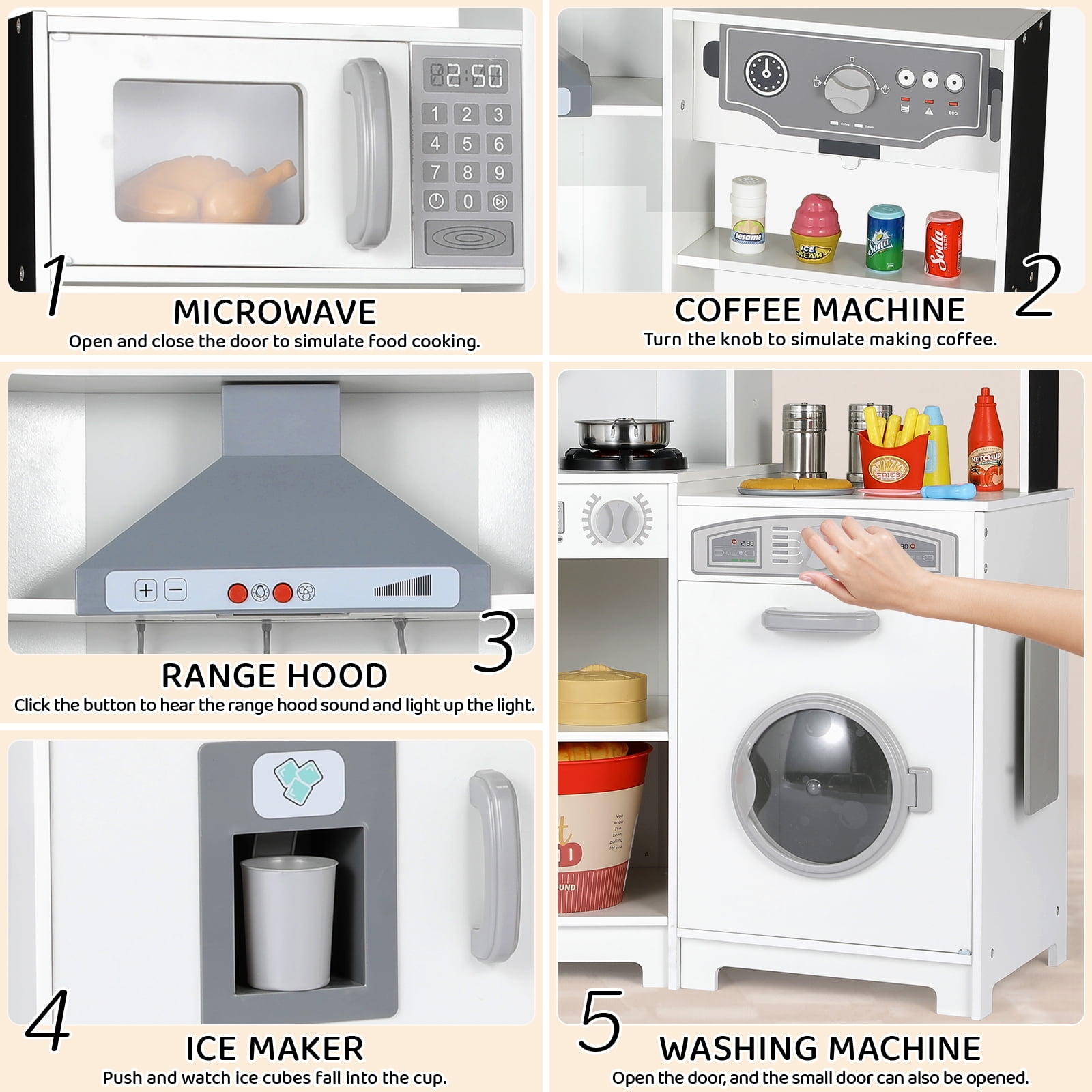 Arlopu Kids Corner Kitchen Playset Wooden Chef Play with Stove, Water Dispenser, Cutting Board