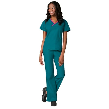 

Maevn Core Women s Y-Neck Mock Wrap Top & Flare Leg Pant Scrub Set