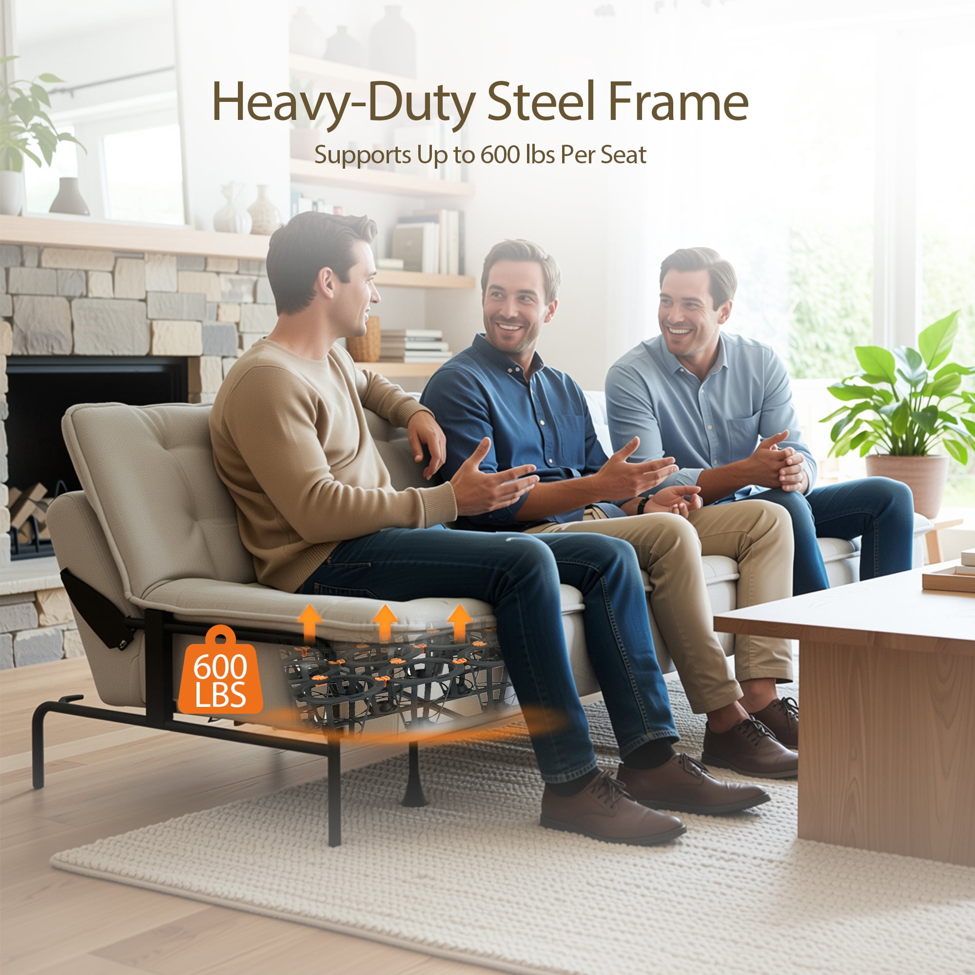 Homy Casa 3-Seat Armless Sofa Bed with Independent Spring Seat & Adjustable Backrest, 600 lbs Capacity