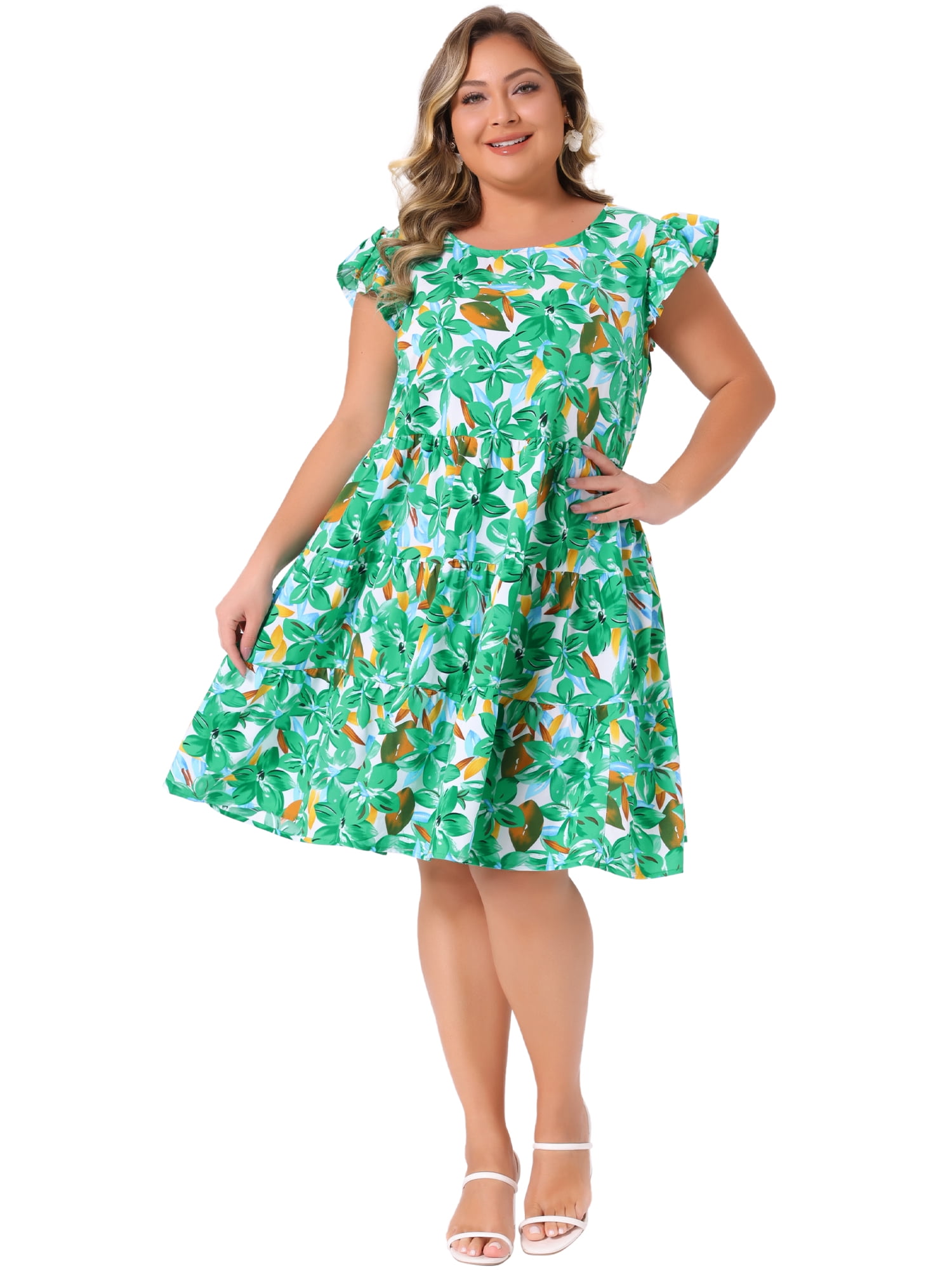 DARING DIVA Plus Size Boho Flutter Sleeves Round Neck Floral Print Dress 2X Green