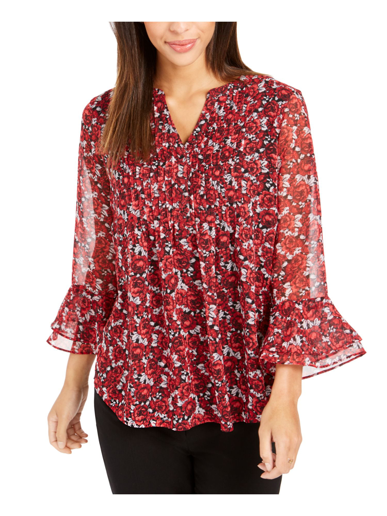 Charter Club CHARTER CLUB Womens Red Floral Bell Sleeve V Neck Top