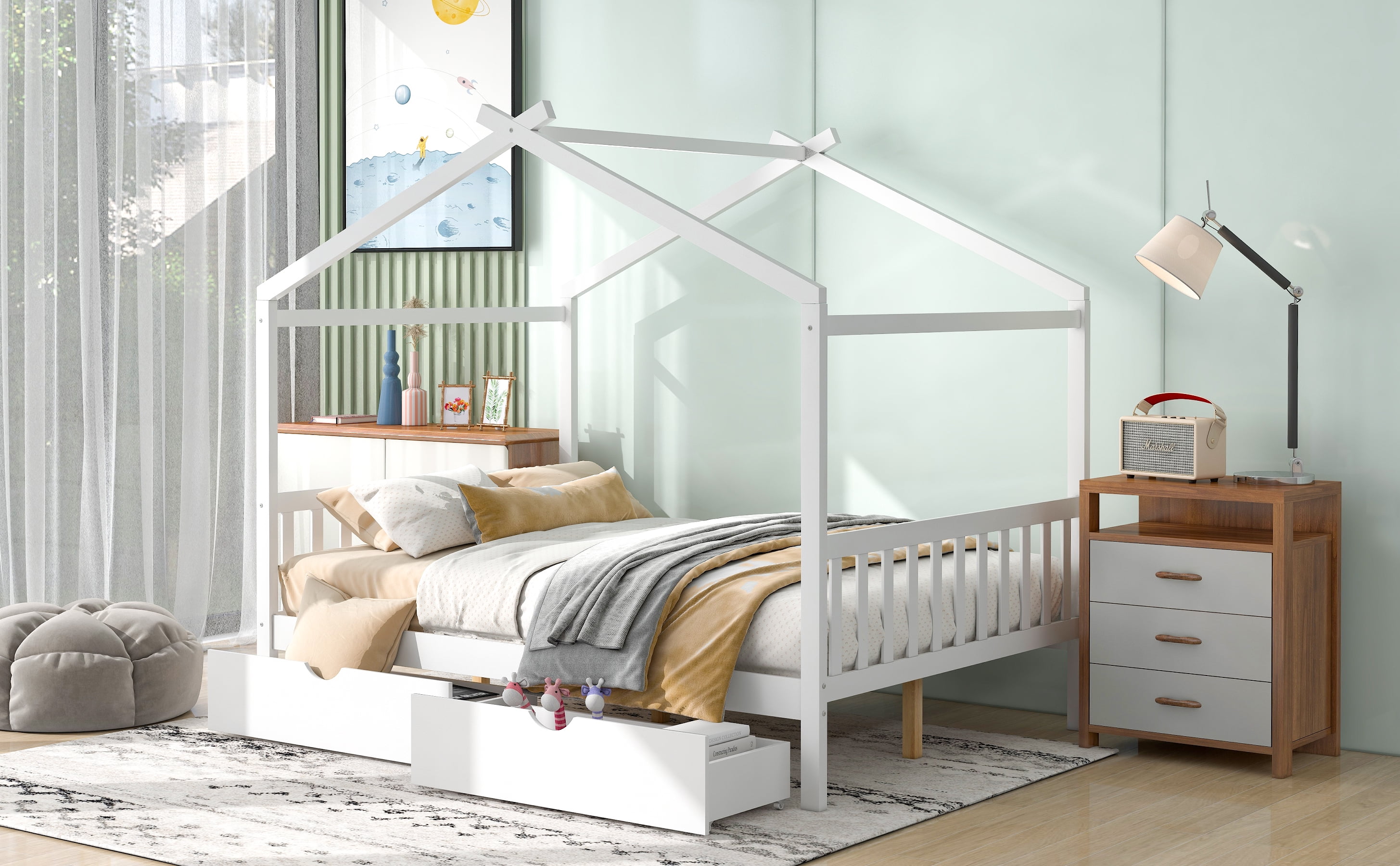 Aukfa Full House Bed with Storage Drawers, Wood Montessori Bed - White