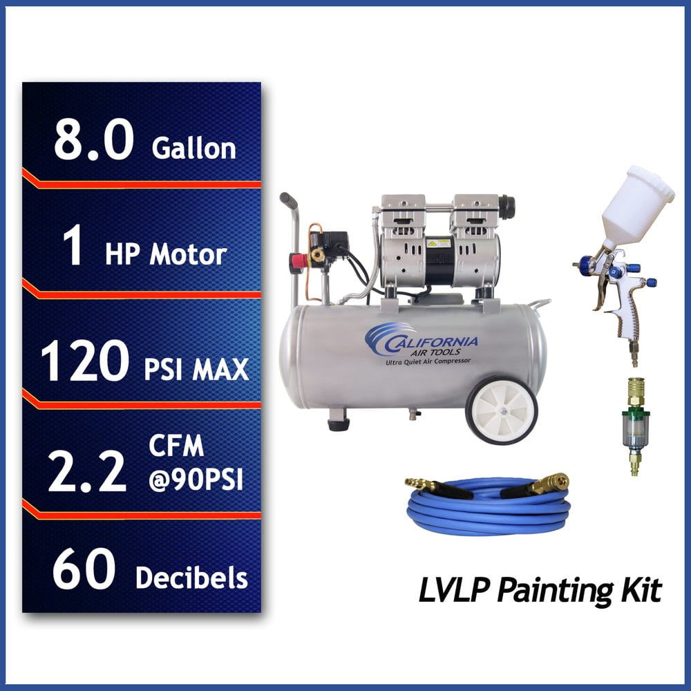 1 HP 8 Gallon 60 dB Ultra Quiet Oil-Free Lightweight Air Compressor and LVLP Spray Painting Kit