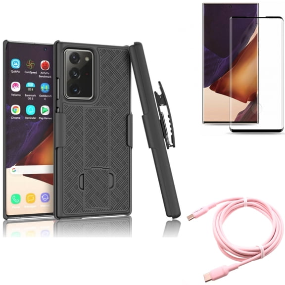 Case Belt Clip & Screen Protector & Pink 10ft Long Cable for Samsung Galaxy Note 20 Ultra (6.9") - Combo with Holster Swivel & Tempered Glass (Fingerprint Unlock) & USB-C to Type-C PD Fast Charger
