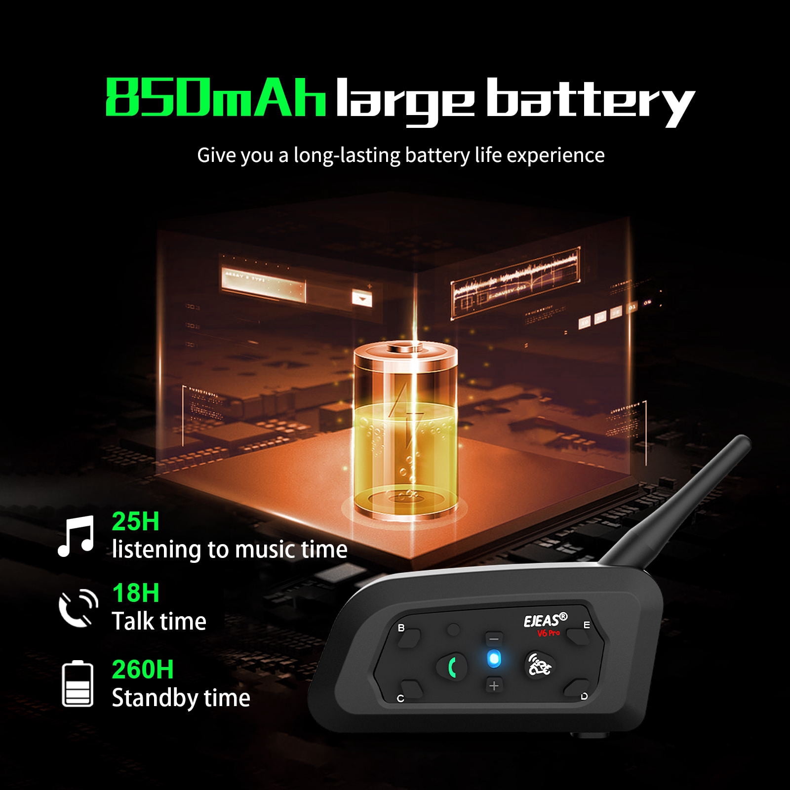 EJEAS V6 Bluetooth Motorcycle Helmet Intercom Headset 1200M 850mAh Motorbike Interphone Headphone 6 Riders for Riding(Dual)