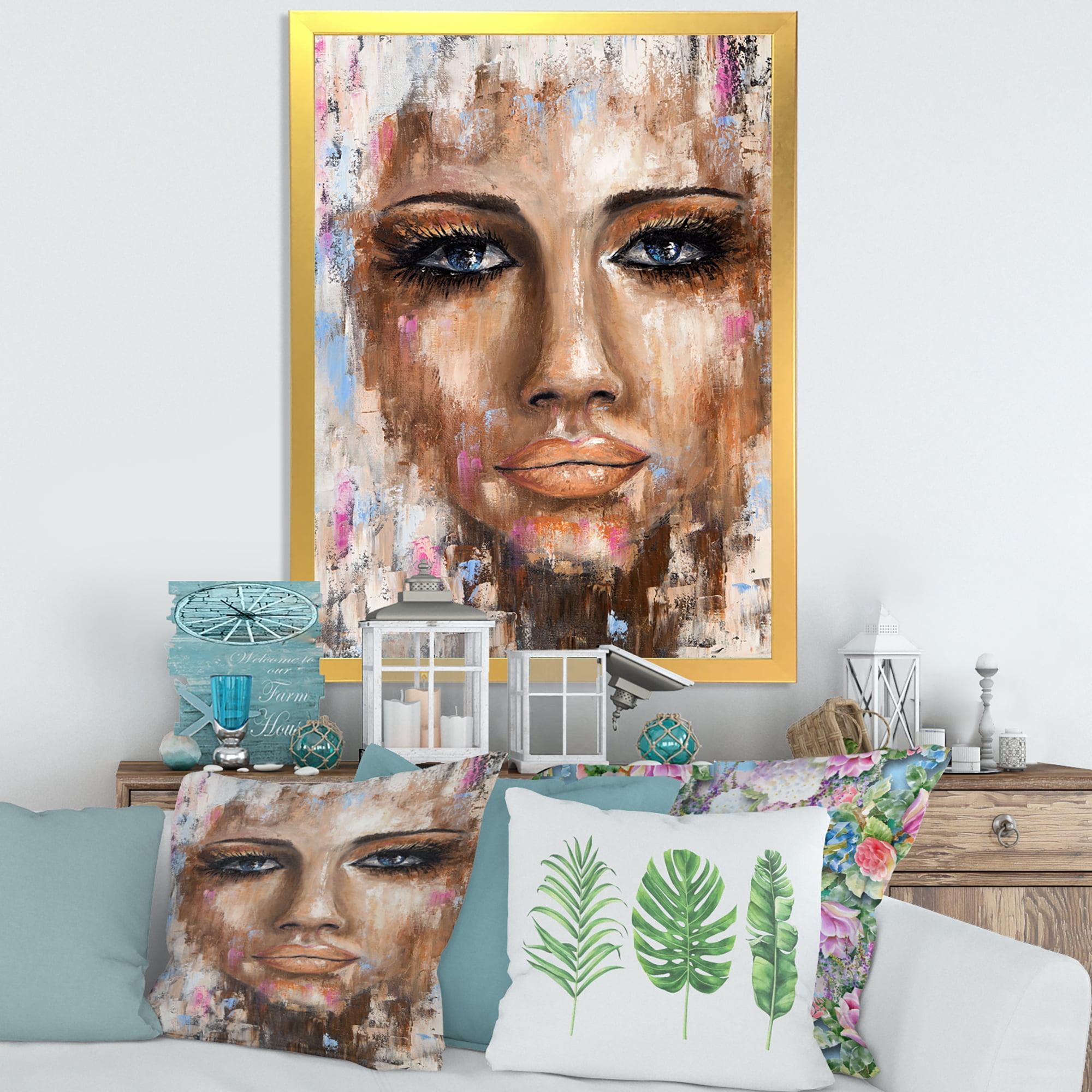 Designart 'Abstract Portrait Of A Young Woman With Blue Eyes I' Modern Framed Art Print