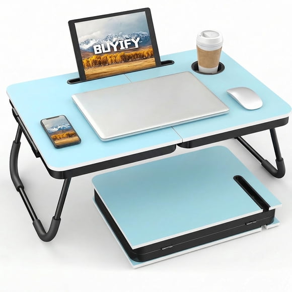 Mesa plegable para laptop BUYIFY con portavasos y ranura para tablet