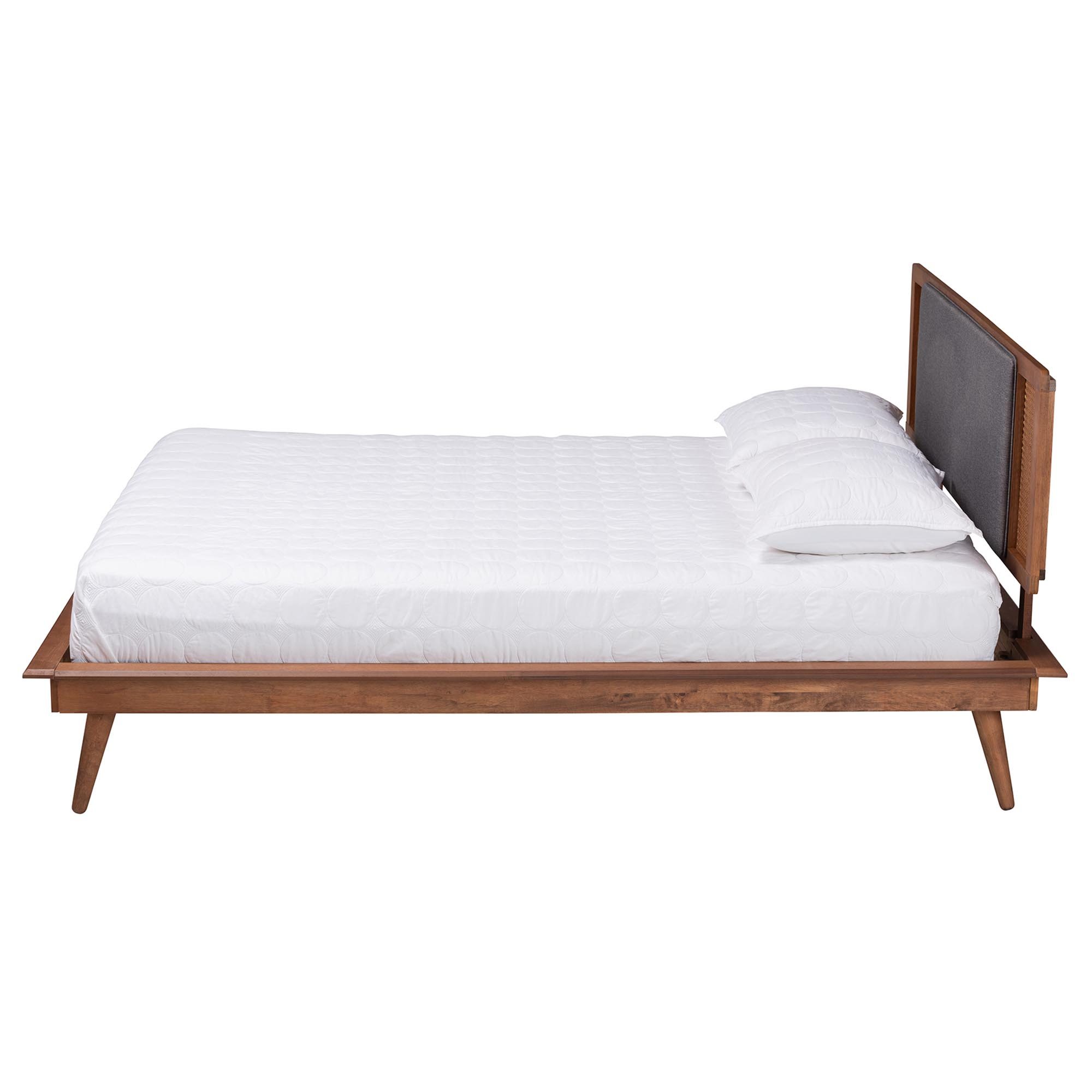 Baxton Studio Delfina Mid-Century Modern Dark Grey Fabric and Walnut Brown Finished Wood Queen Size Platform Bed
