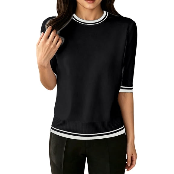 Womens Summer Tops Elegant Color Round Neck Short Sleeve Petite Clothing for Women,Black,L