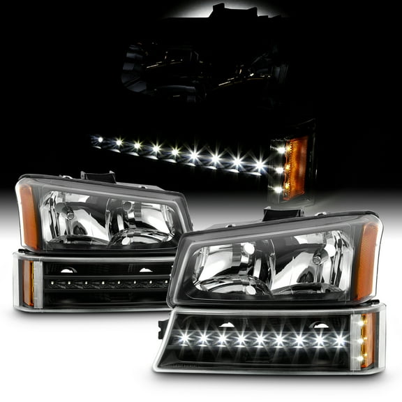 AKKON - Fits 2003-2006 Avalanche 1500/2500 Silverado 1500HD/2500HD/3500 2007 Classic Black Headlights LED Bumper Lights Pair