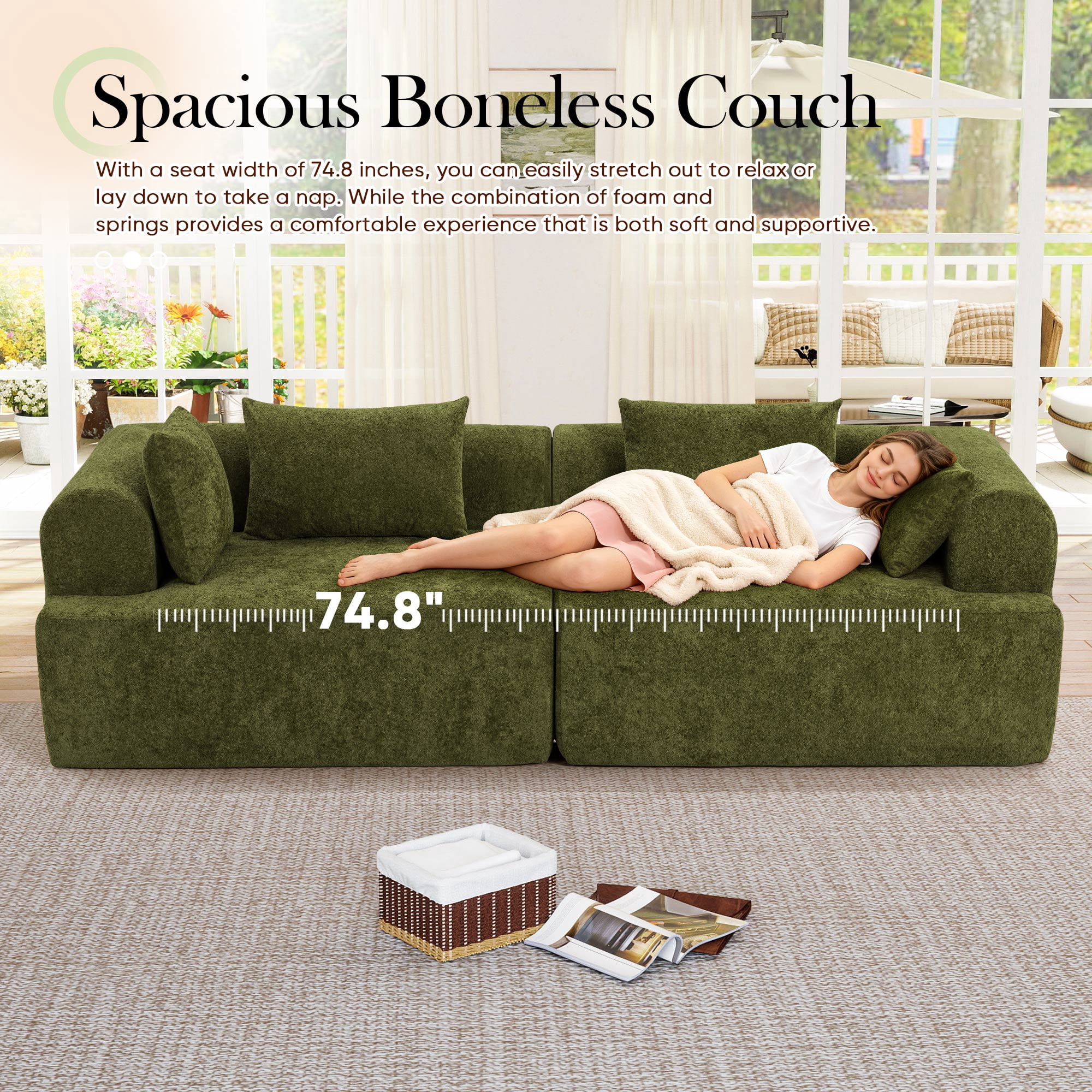 Muumblus Boneless Modular Sectional Sofa, 96" Oversized Deep Seat Loveseat Sofa, Cozy Cloud Living Room Couch, Green Teddy