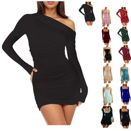 Women Solid Color Single Neck Backless Pleated Bag Hip Casual Dress One Shoulder Women Dresses Casual Single Neck Dress Dresses For Women Midi Length Mid Length Dress