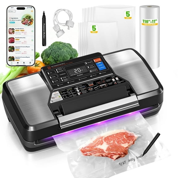 Food Vacuum Sealer Machine with Rolls Food Vacuum Sealer Bags, Automatic Food Saver with Dry & Moist Food Modes, Built-in Cutter, External Vac for Jars and Containers