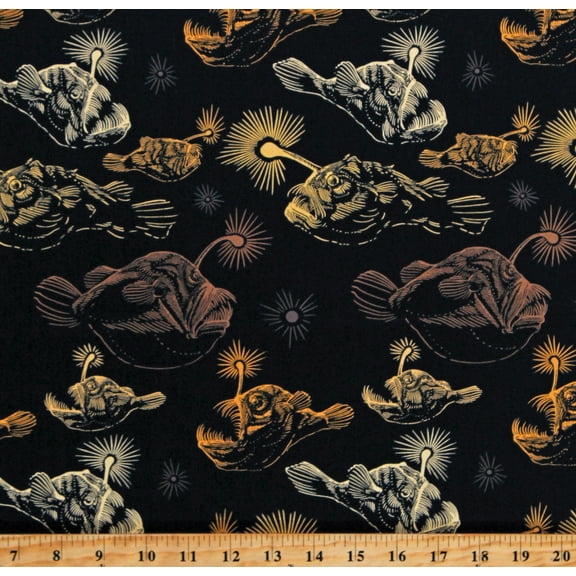 Cotton Anglerfish Deep Sea Fish Ocean Animals Gold Anglers Abound Mariana by Rachel Hauer Black Cotton Fabric Print by the Yard (PWRH075.BLACK)