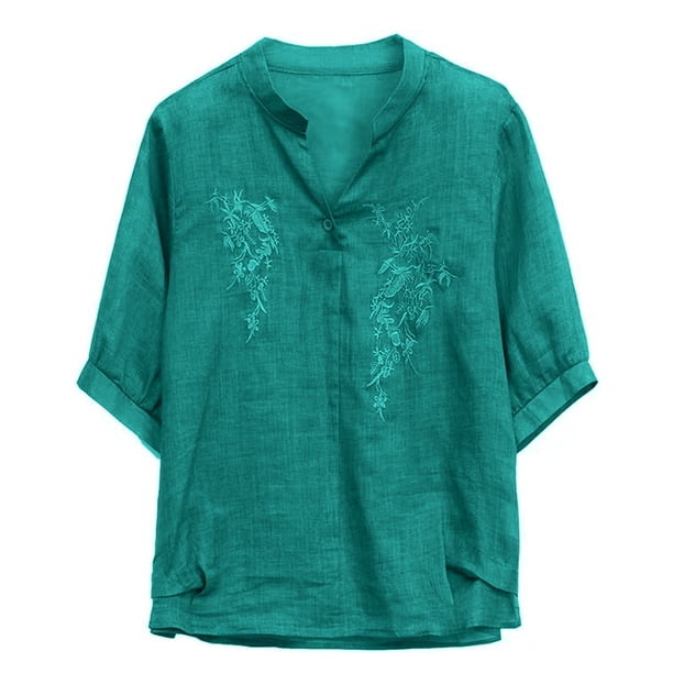 Camisas de Cuello V de Manga Corta para las Mujeres Lino Bordado Tres Cuartos Suelto Ajuste Cuello Redondo Túnica Blusa Vintage Casual