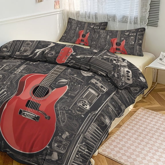 3 Pcs Soft Bedding Set, Includes 1 Duvet Cover with Zipper And 2 Pillow,Shams Vintage Guitar With Wings Twin(86"x70")