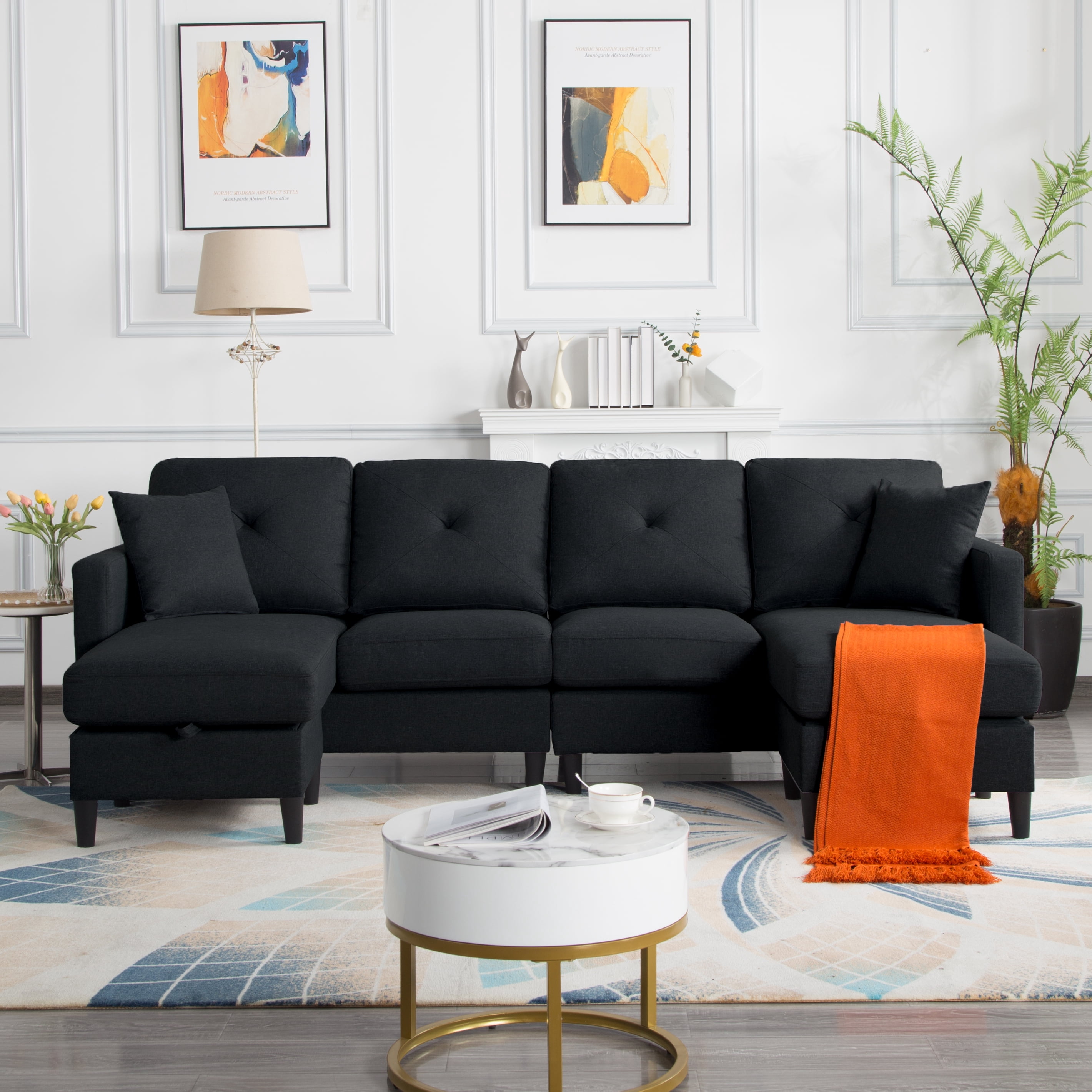 Gewnee 99.2”U-Shaped Modular Sectional Sofa,Movable Storage Ottomans,Removable Washable Cushion Covers,2 Throw Pillows – for Living Room,Bedroom,Office.Black