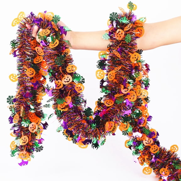 YTTAL 6.6-66 FT Halloween Pumpkin Bat Tinsel Garland, Orange Purple Green Metallic Fringe Garland, Reusable Holiday Hanging Decor for Indoor Outdoor Halloween Party Mantel Stair Decor